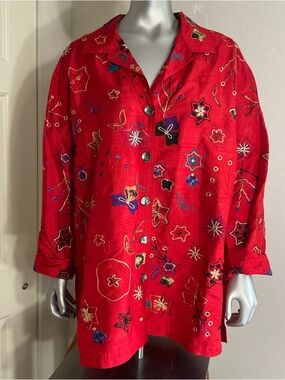 VINTAGE 90s Red Embroidered Silk Blouse Chico’s Design size 2 large